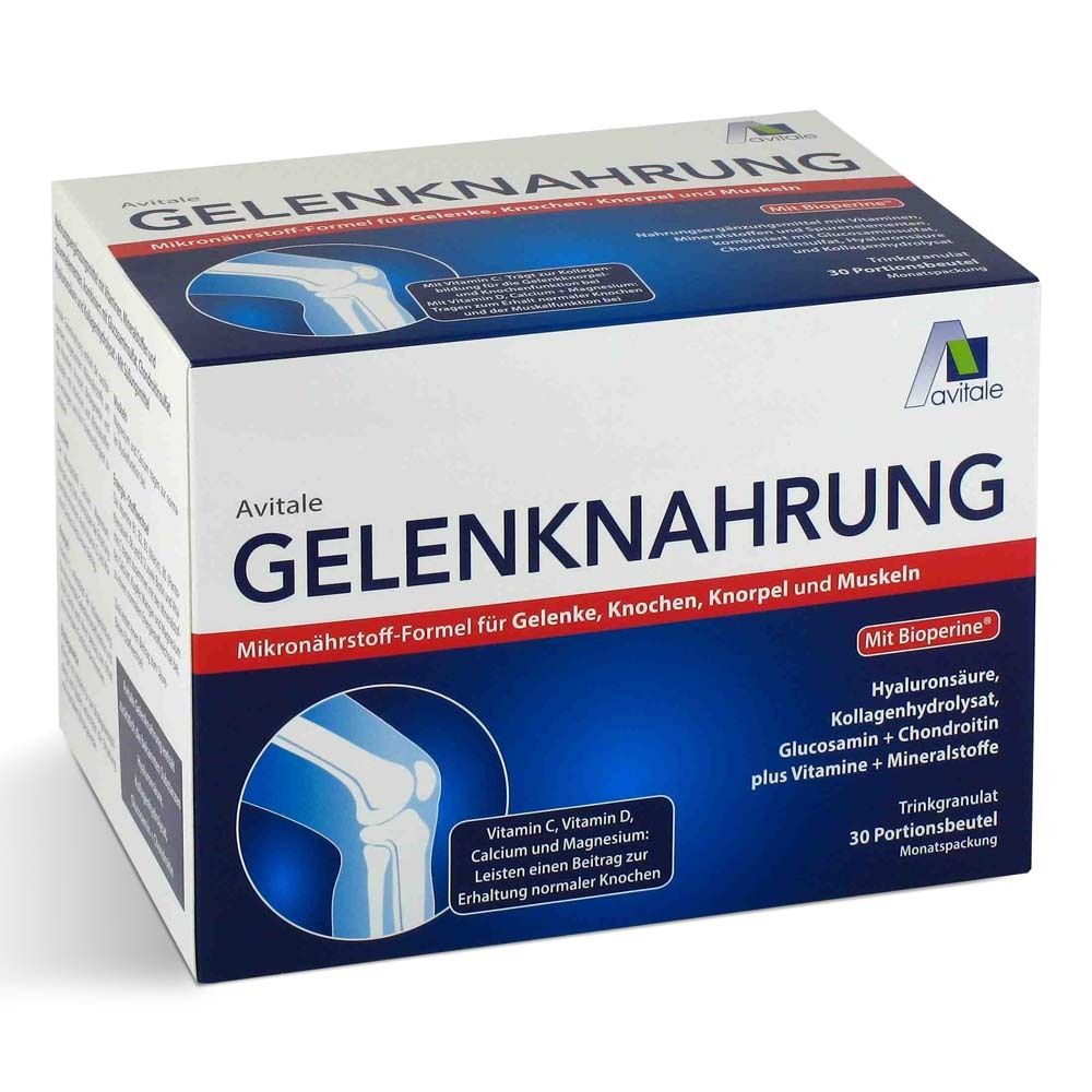 Wit en blauw doosje met productnaam en illustratie van een knie. Bevat 30 portiezakjes.