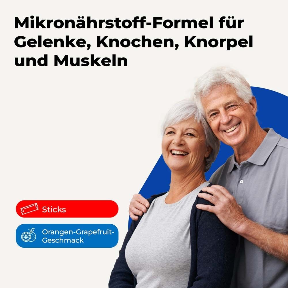 Ouder echtpaar lacht. Tekst: Micro-voedingsstoffen formule voor gewrichten, botten, kraakbeen en spieren. Sticks en sinaasappelsmaak.