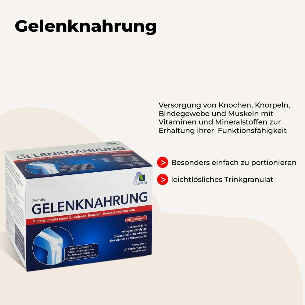 Productverpakking met tekst: Gelenknahrung. Bevat vitaminen en mineralen. Gemakkelijk te portioneren.