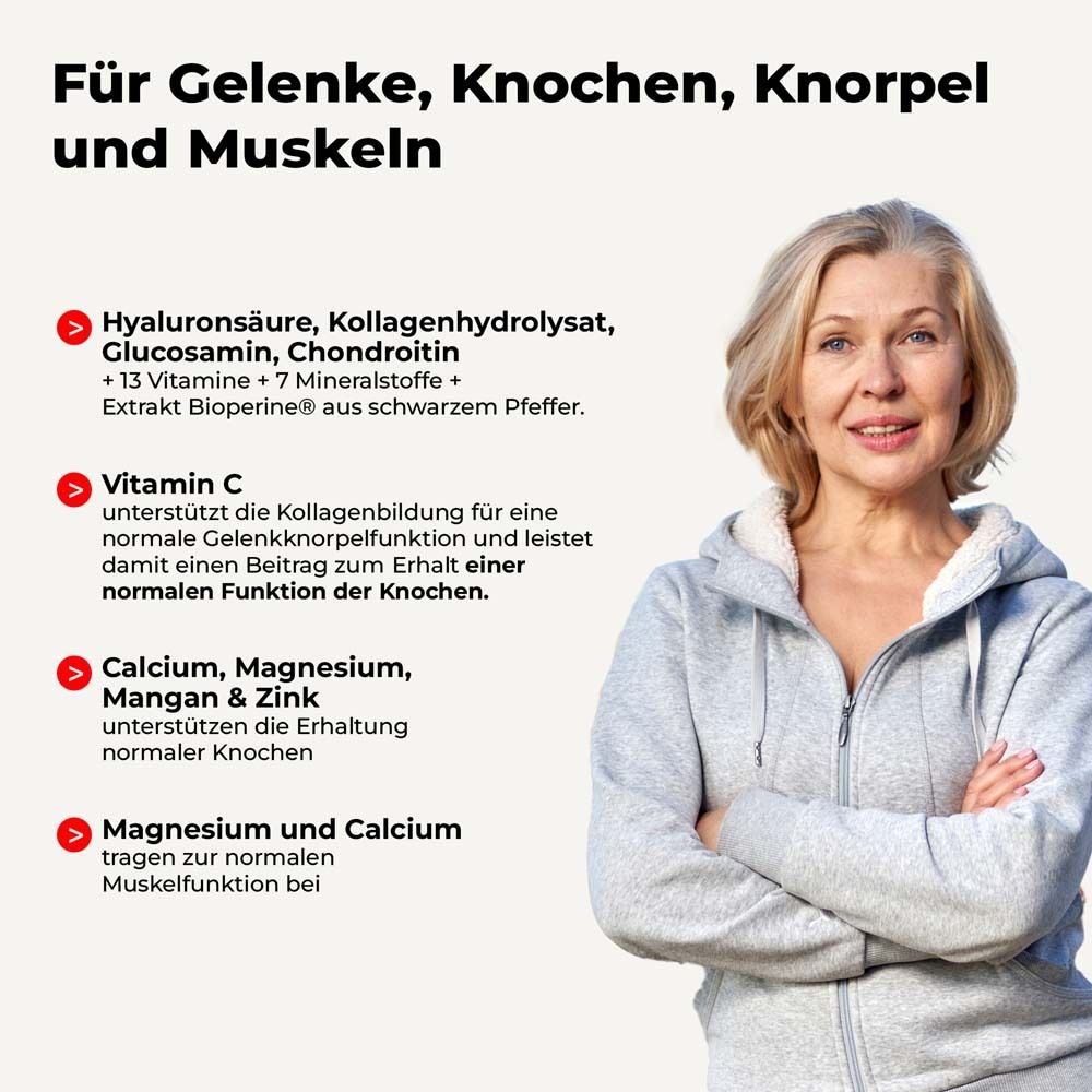 Vrouw met tekst: Voor gewrichten, botten, kraakbeen en spieren. Ingrediënten: hyaluronzuur, vitamine C, calcium, magnesium.