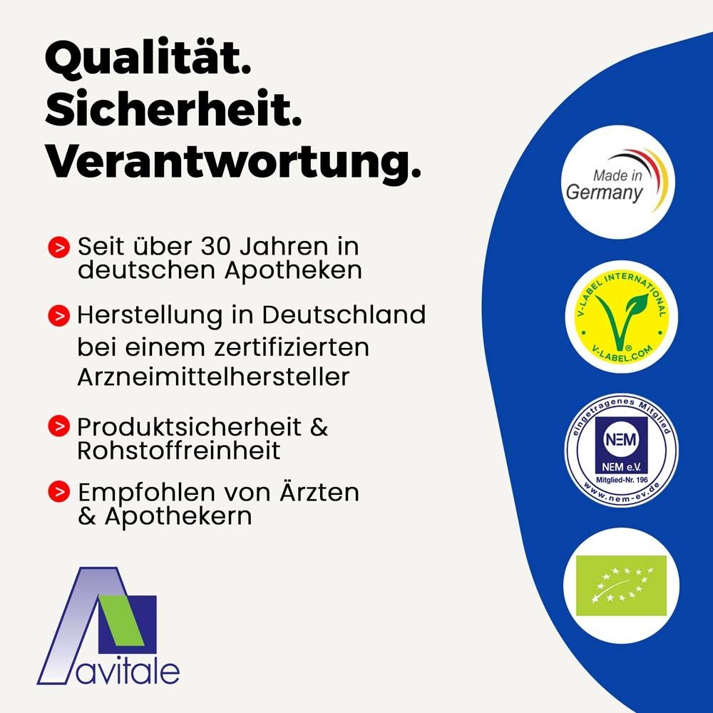 Tekst: Kwaliteit. Veiligheid. Verantwoordelijkheid. Certificeringen: Made in Germany, V-Label, NEM, bio-label.