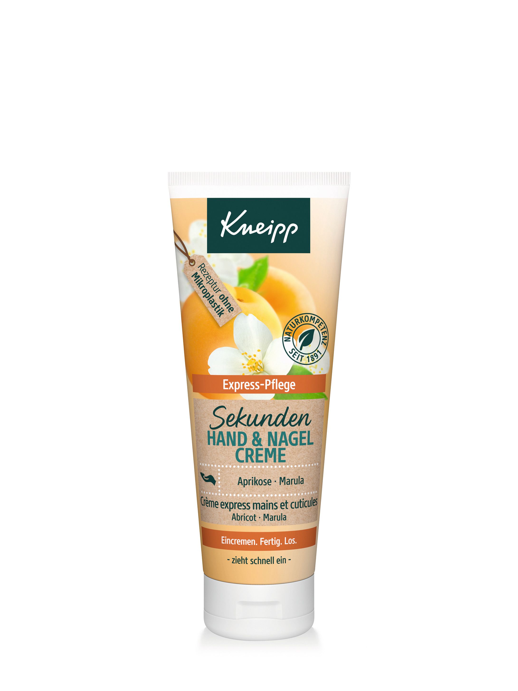 Handcrèmetube met abrikozen en marula. Tekst: Sekunden Handcreme + Nagelpflege. Naturkompetenz, wirksam, verträglich.