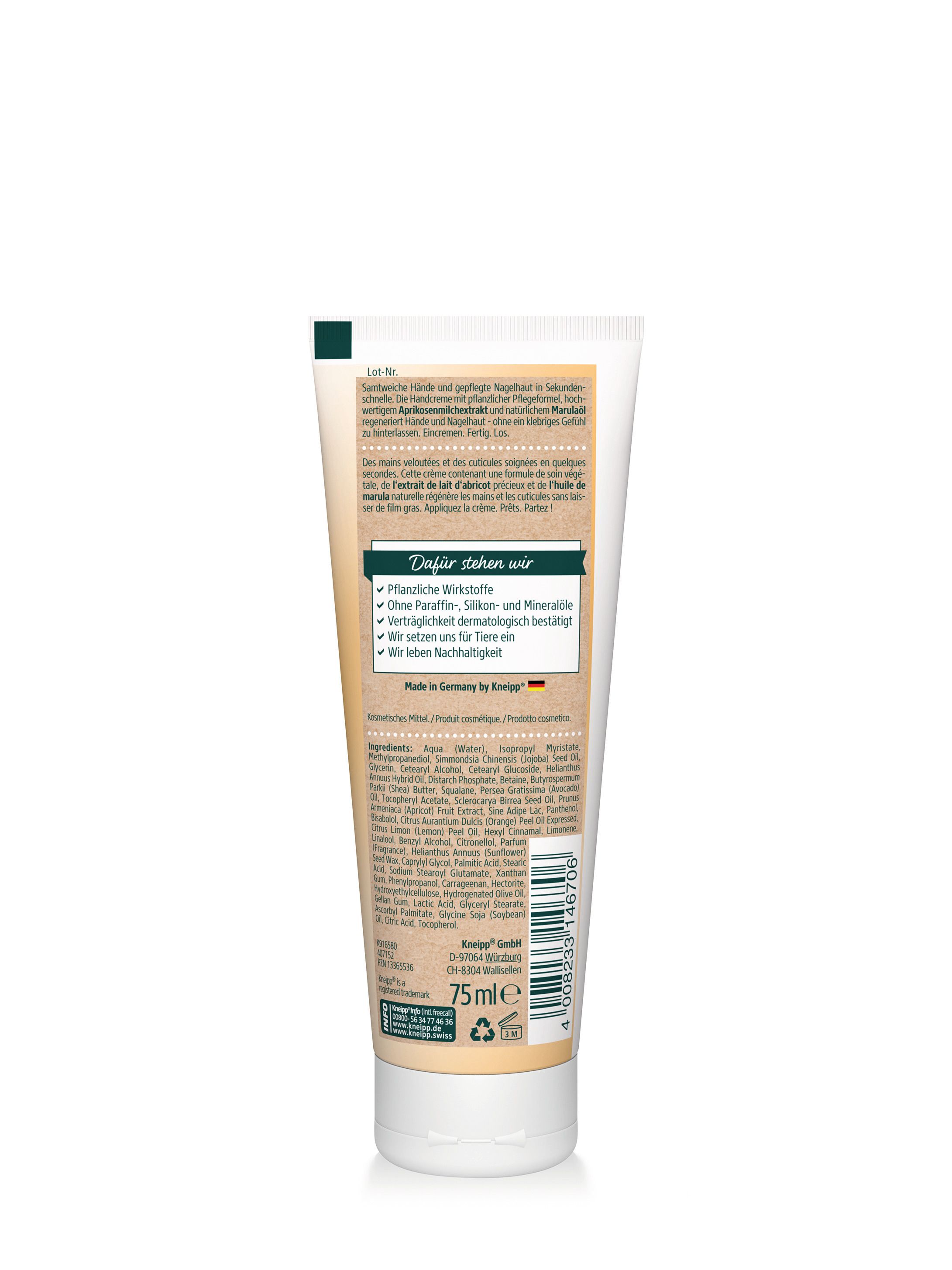 Achterkant van de handcrèmetube. Tekst: Ingrediënten, Kneipp GmbH, 75ml. Zegels: Made in Germany, Nachhaltigkeit.