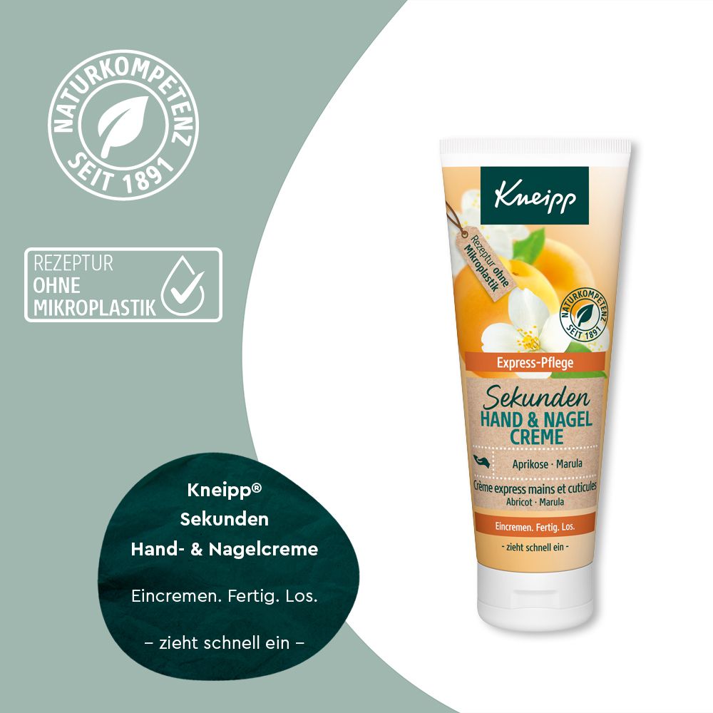 Kneipp Hand- & Nagelcreme, tube met abrikozenmotief. Tekst: Express-Pflege, Eincremen. Fertig. Los. Zegel: Naturkompetenz, Rezeptur ohne Mikroplastik.