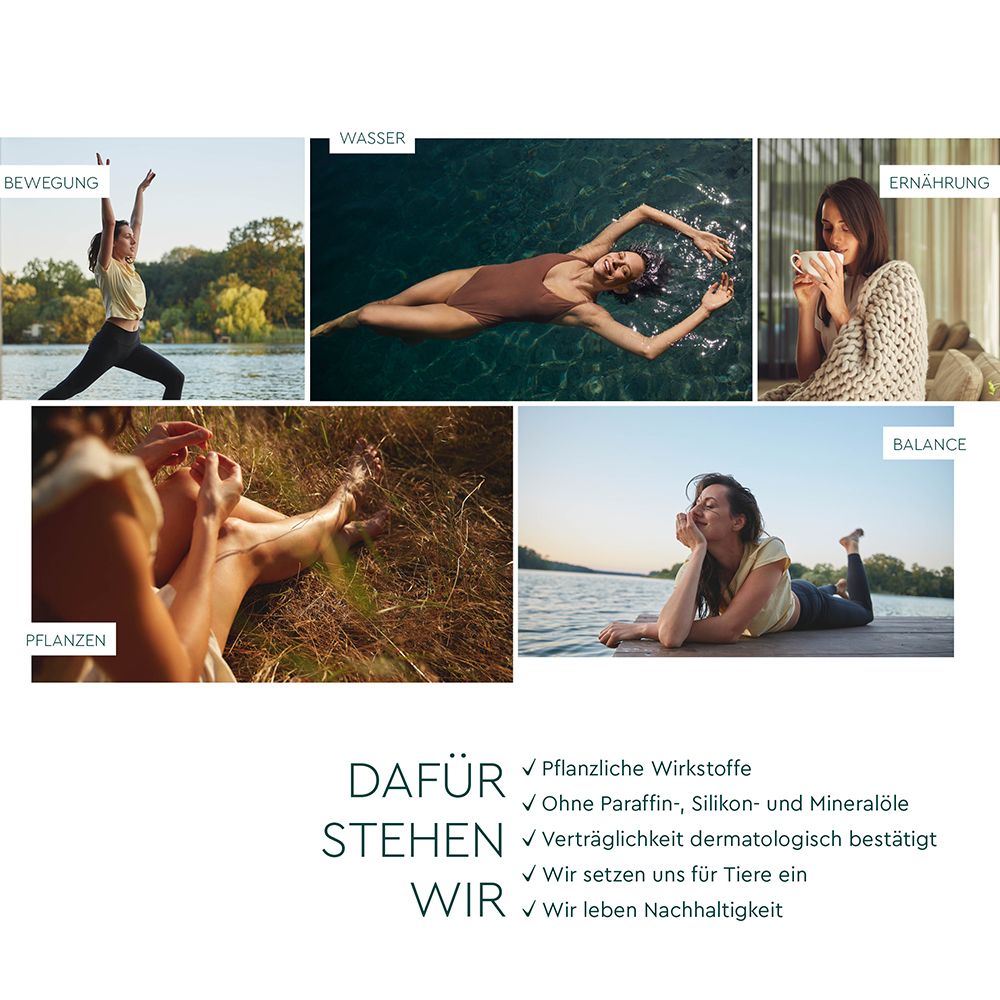 Collage met afbeeldingen van vrouwen in verschillende situaties. Tekst: Dafür stehen wir: Pflanzliche Wirkstoffe, ohne Paraffin, Silikon- und Mineralöle.