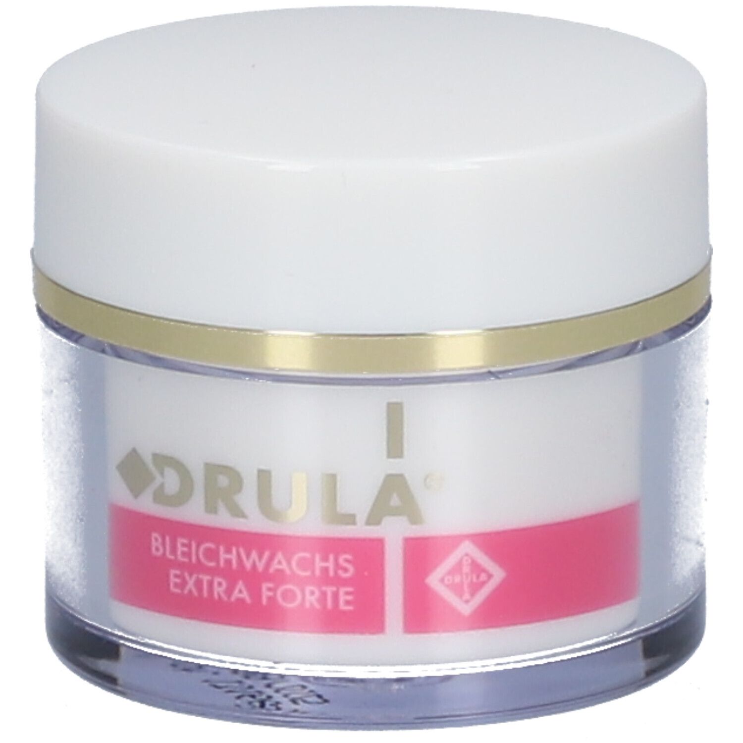 Container met witte deksel en transparante behuizing. Opschrift: DRULA, Bleichwachs Extra Forte.