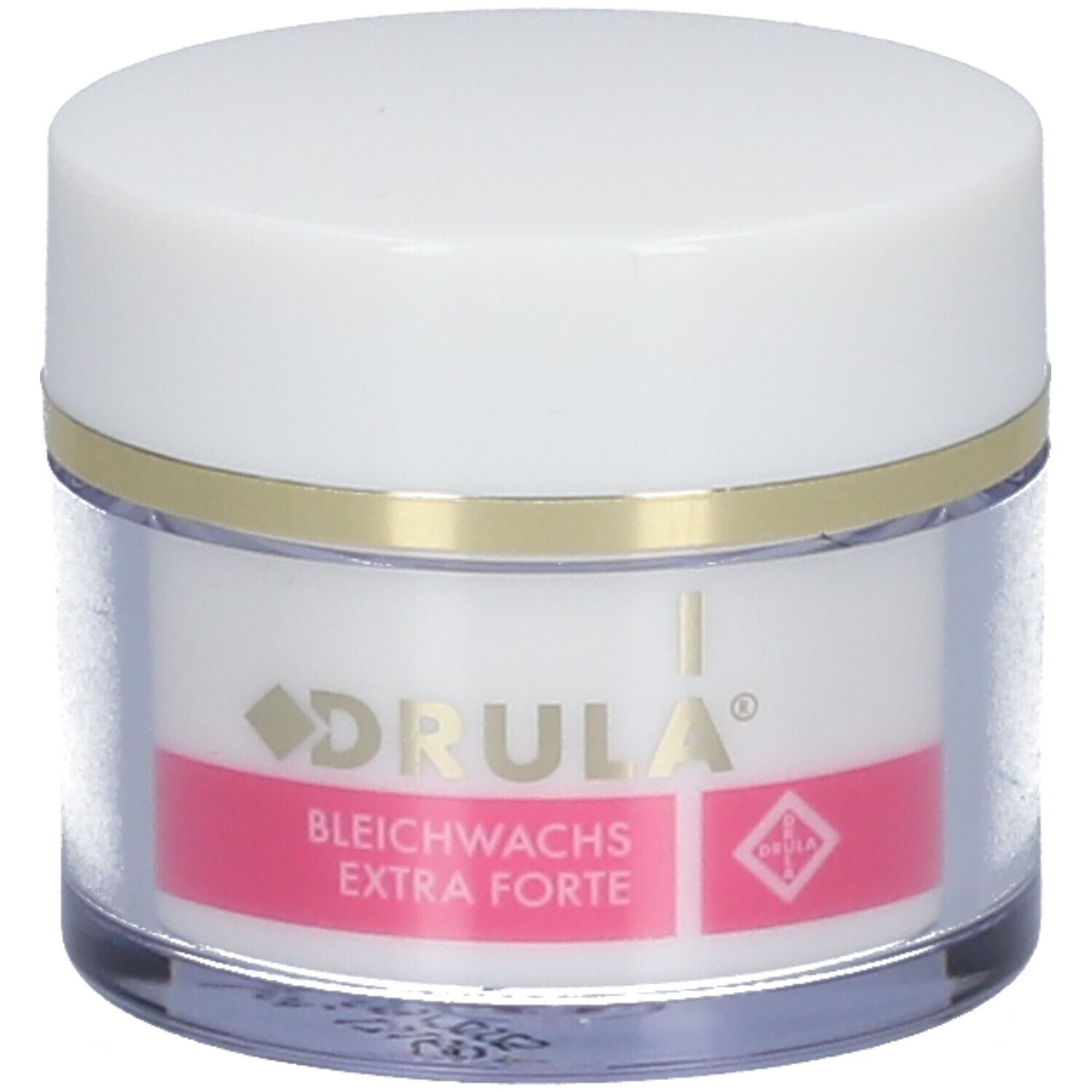 Container met witte deksel en transparante behuizing. Opschrift: DRULA, Bleichwachs Extra Forte.