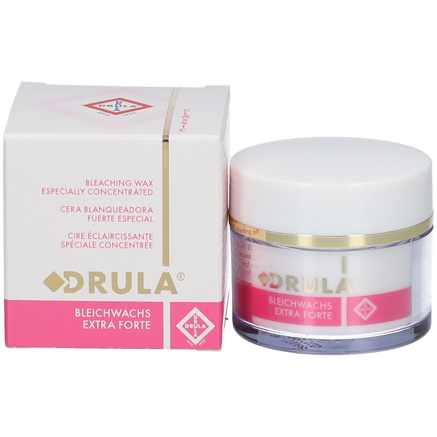 Productverpakking en container. Opschrift: DRULA, Bleichwachs Extra Forte. Verpakking met product.