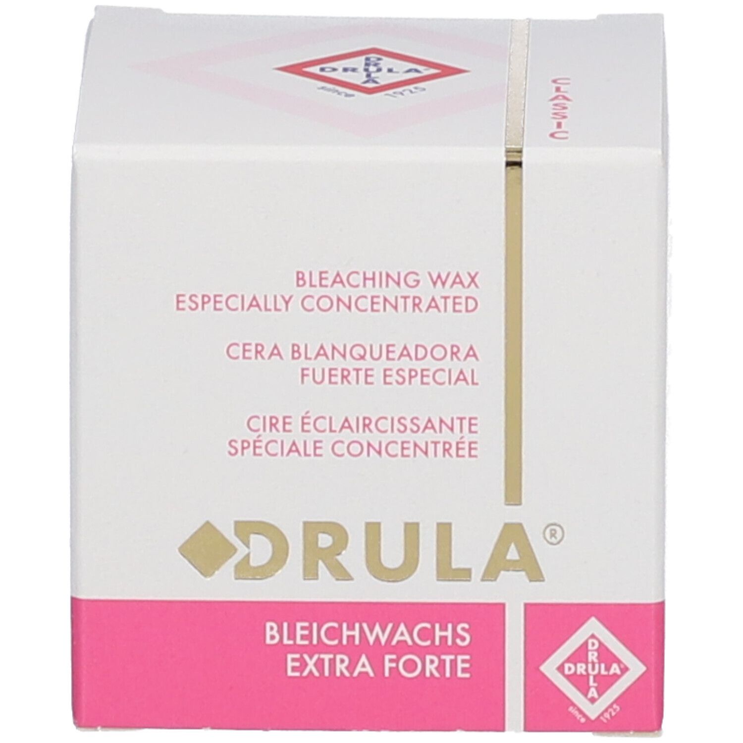 Productverpakking. Opschrift: DRULA, Bleichwachs Extra Forte. Tekst in meerdere talen.