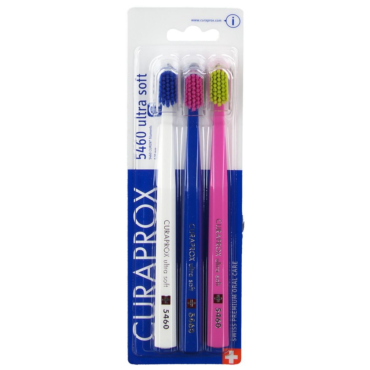 Verpakking van 3 CURAPROX tandenborstels, ultra zacht, wit, blauw en roze.