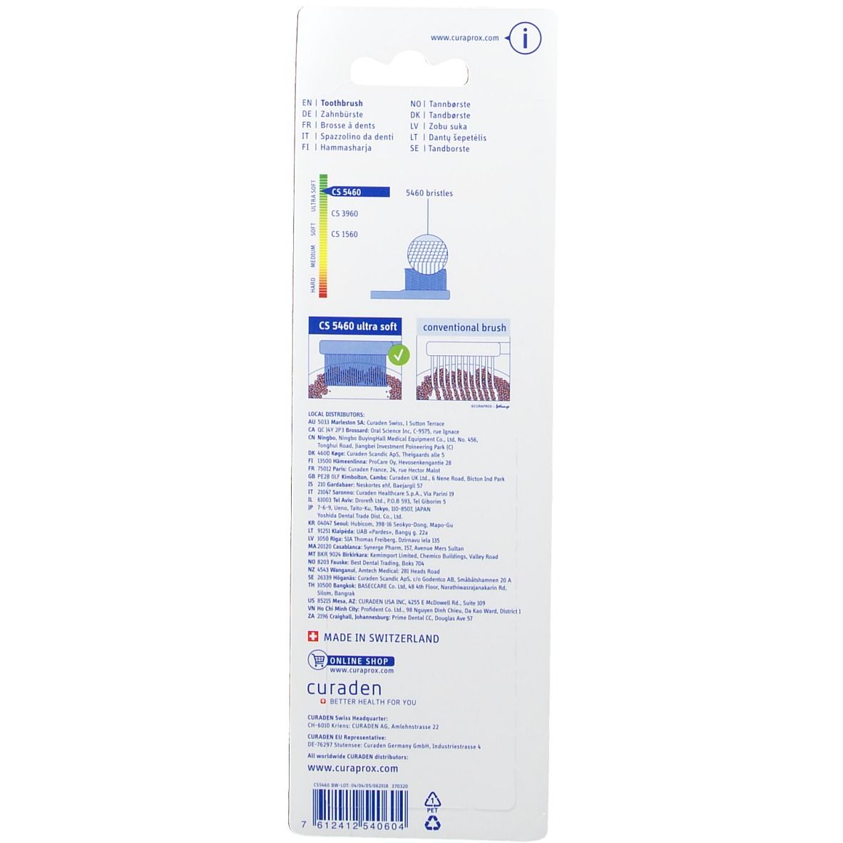 Verpakking van een Curaprox CS 5460 Ultra Soft tandenborstel met informatie over de borstelharenhardheid en vergelijking met conventionele tandenborstels.