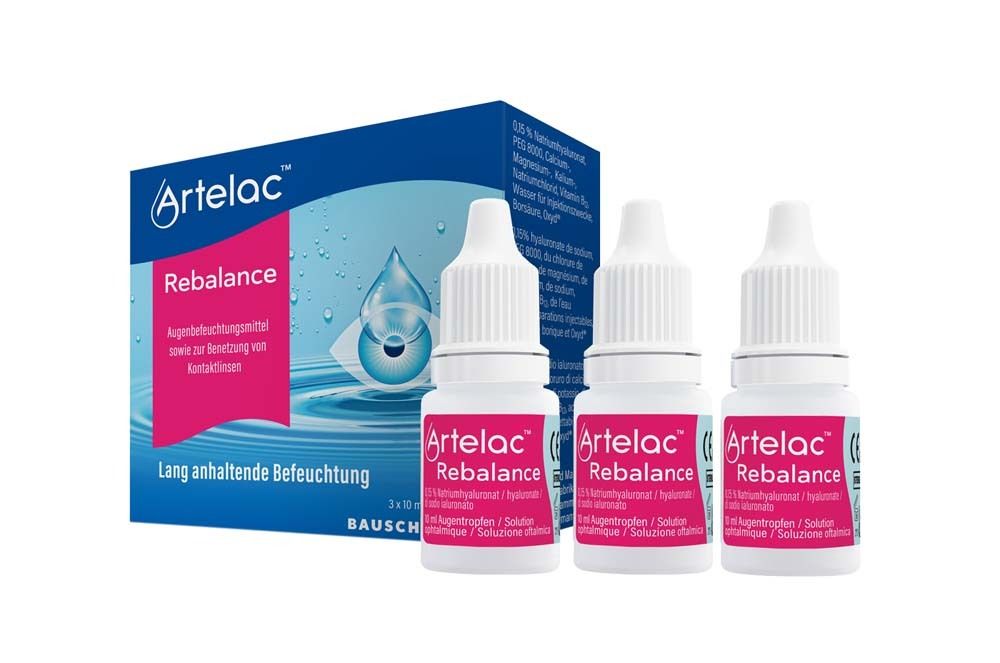 Trois flacons Artelac Rebalance et emballage. Emballage bleu avec nom du produit et symbole de goutte.