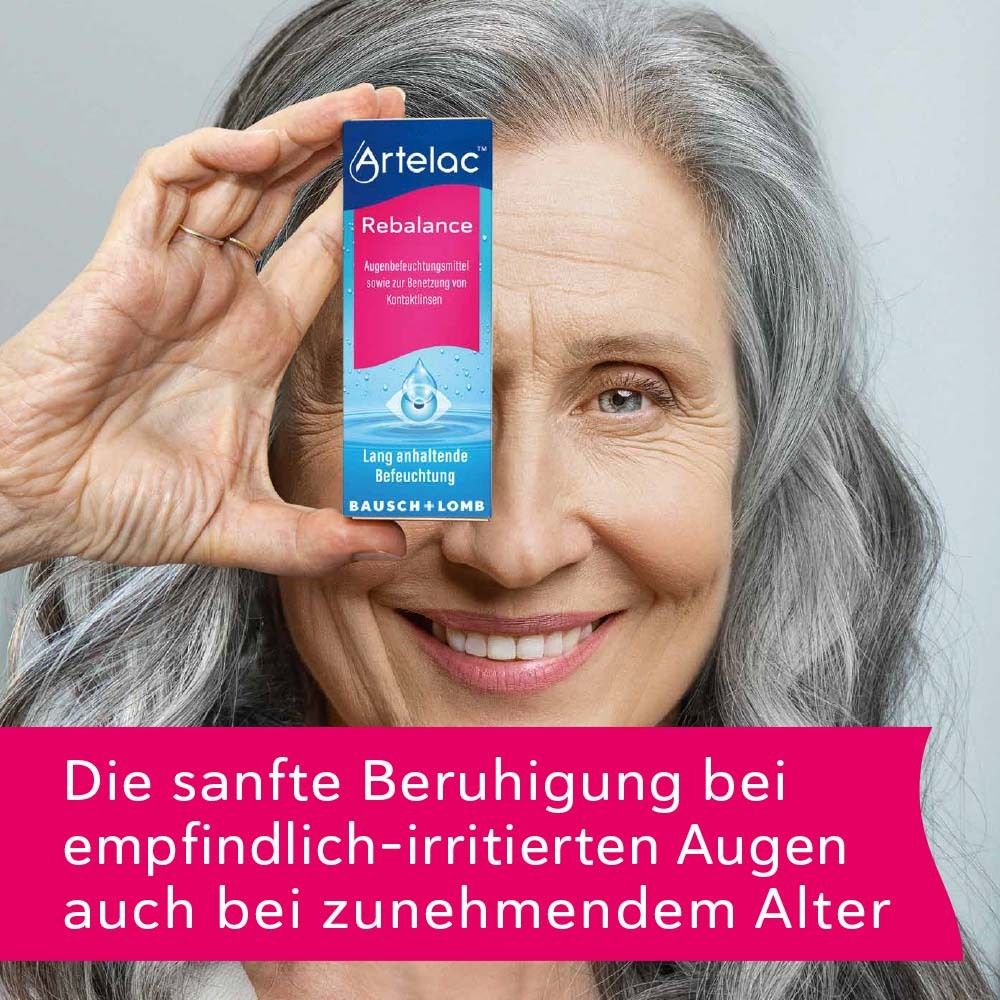 Femme tenant un emballage Artelac Rebalance devant l'œil. Texte : Le soulagement doux pour les yeux sensibles et irrités.