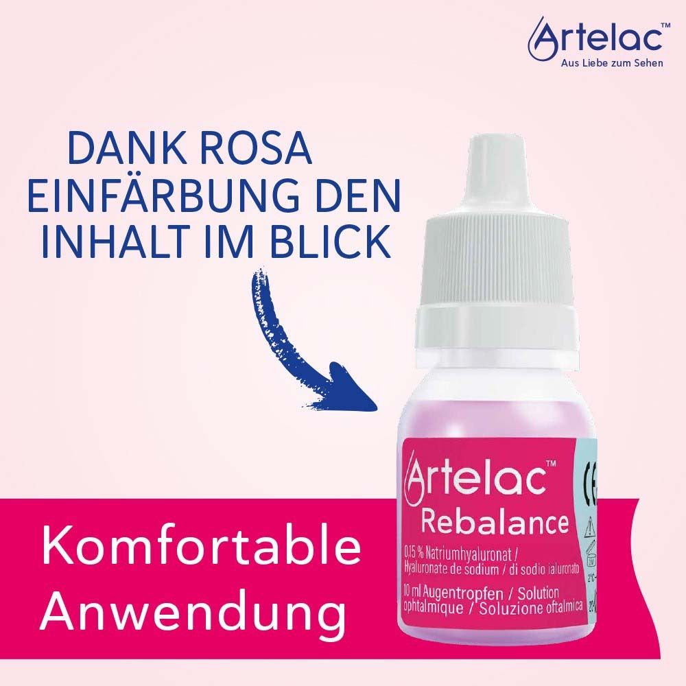 Gouttes Artelac Rebalance avec liquide rose. Texte : Grâce à la coloration rose, le contenu est visible. Application confortable.
