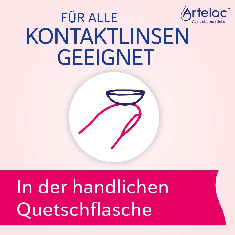 Graphique avec symbole de lentilles de contact. Texte : Convient à toutes les lentilles de contact. Dans le flacon souple pratique.