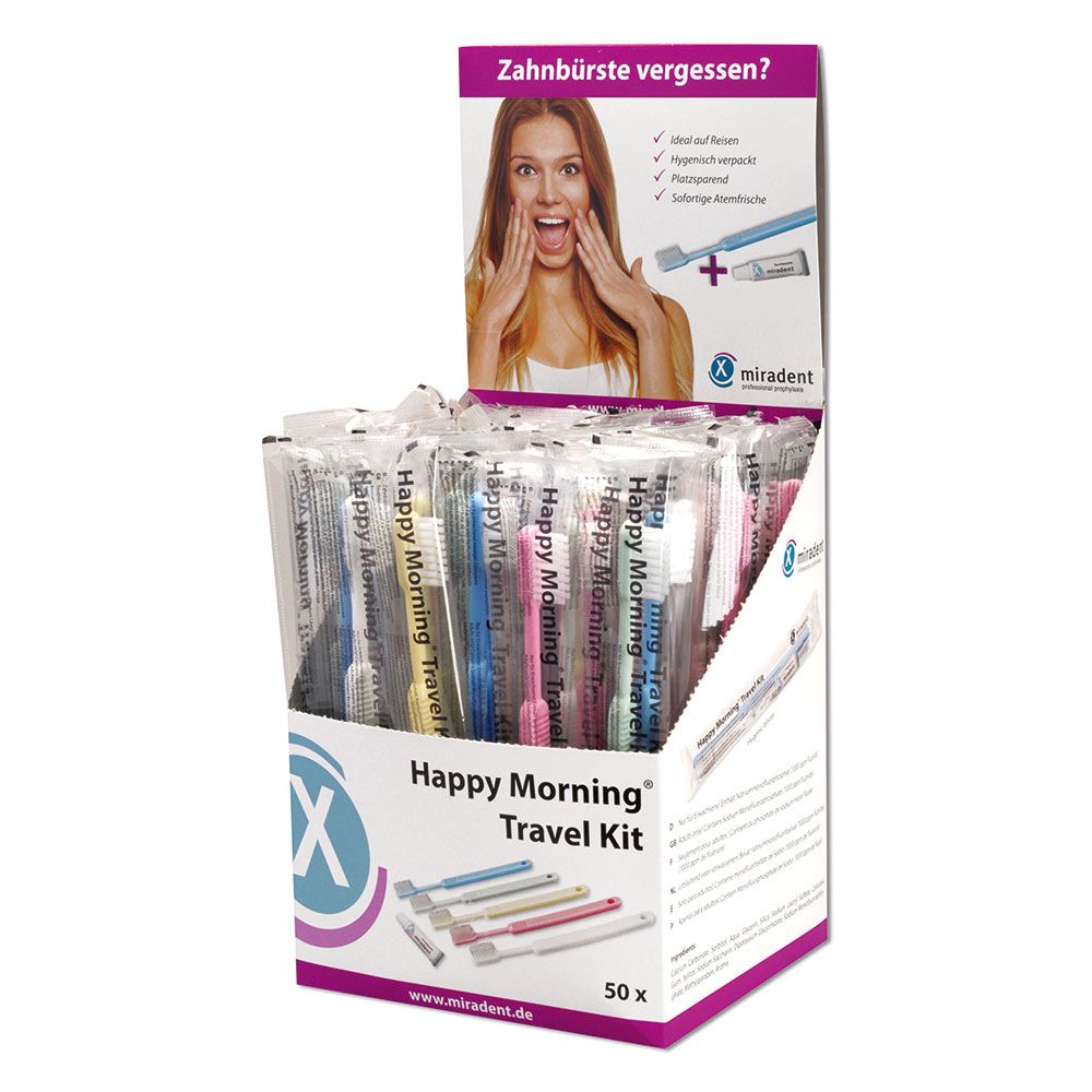 Présentoir Happy Morning® Travel Kit. Brosses à dents et dentifrice emballés individuellement. Inscription : Happy Morning® Travel Kit, miradent.