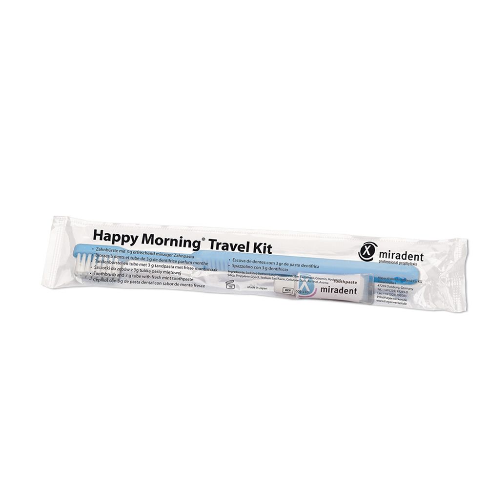 Happy Morning® Travel Kit emballé individuellement. Contient une brosse à dents et du dentifrice. Inscription : Happy Morning® Travel Kit, miradent.