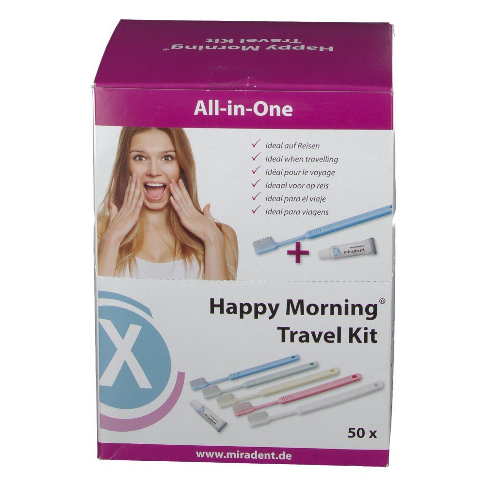 Emballage de 50 Happy Morning® Travel Kits. Illustration : brosse à dents, dentifrice. Inscription : Happy Morning® Travel Kit, miradent.