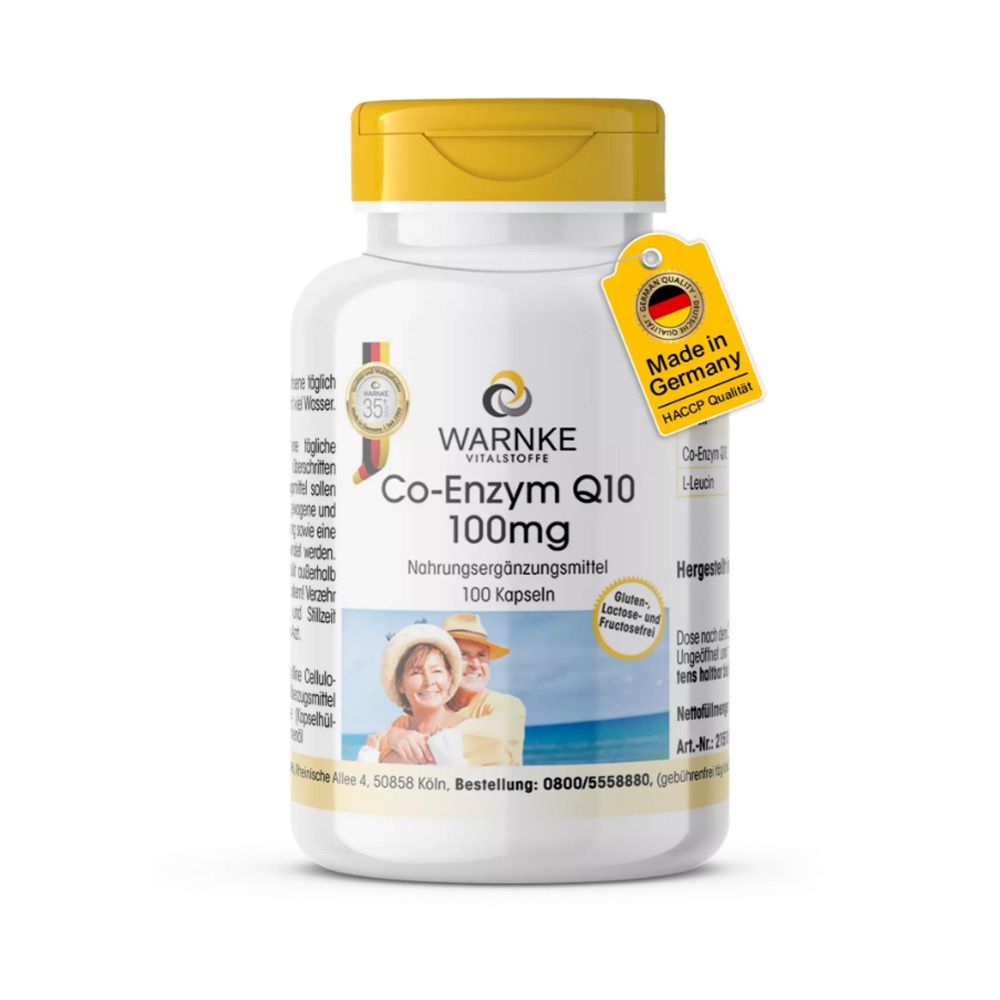 Witte fles met gele dop. Opschrift: Co-Enzym Q10 100mg. Logo: Warnke. Vegan-zegel. Afbeelding van een ouder echtpaar.