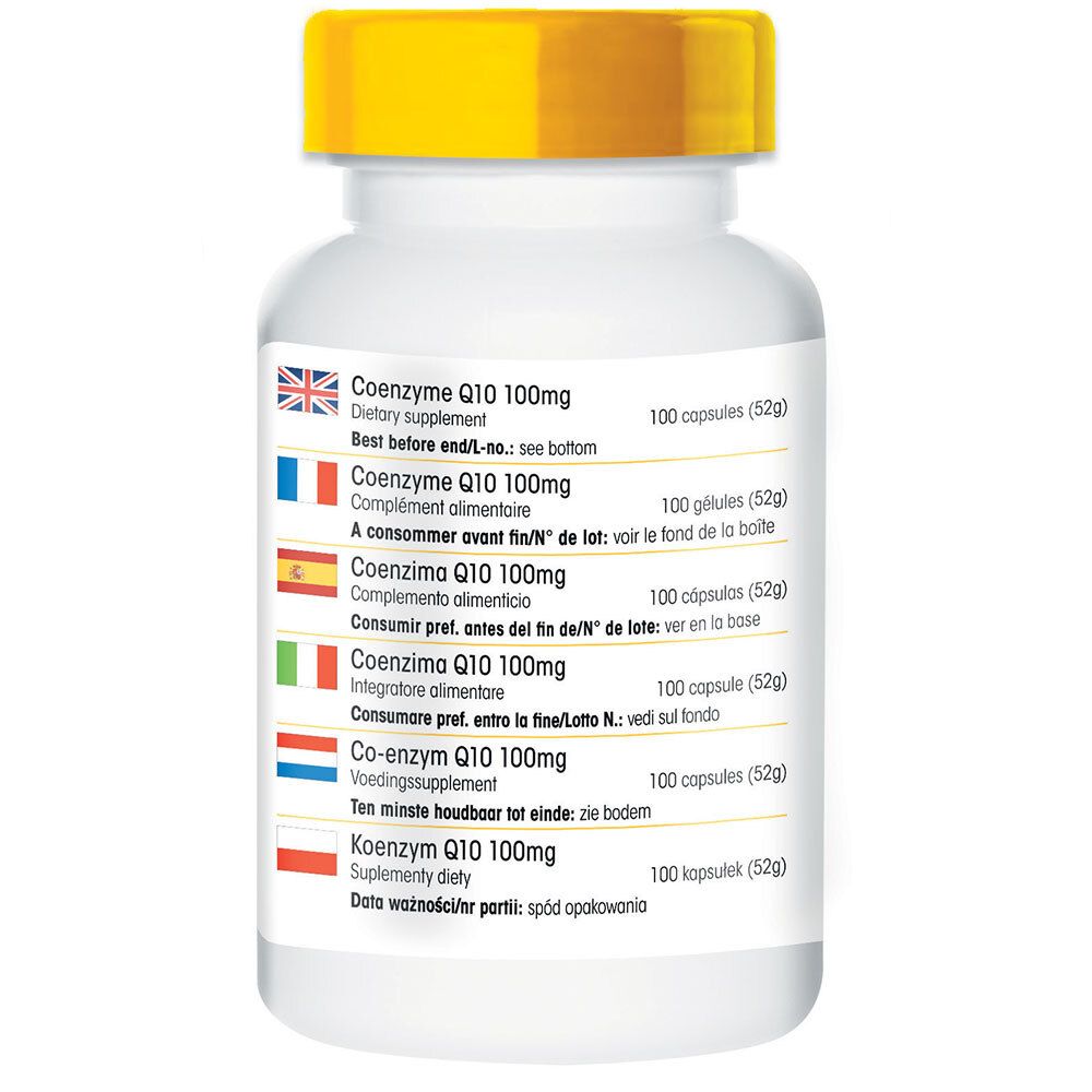 Achterkant van de witte fles met gele dop. Meertalige lijst: Co-Enzym Q10 100mg. 100 capsules. Vlaggen.