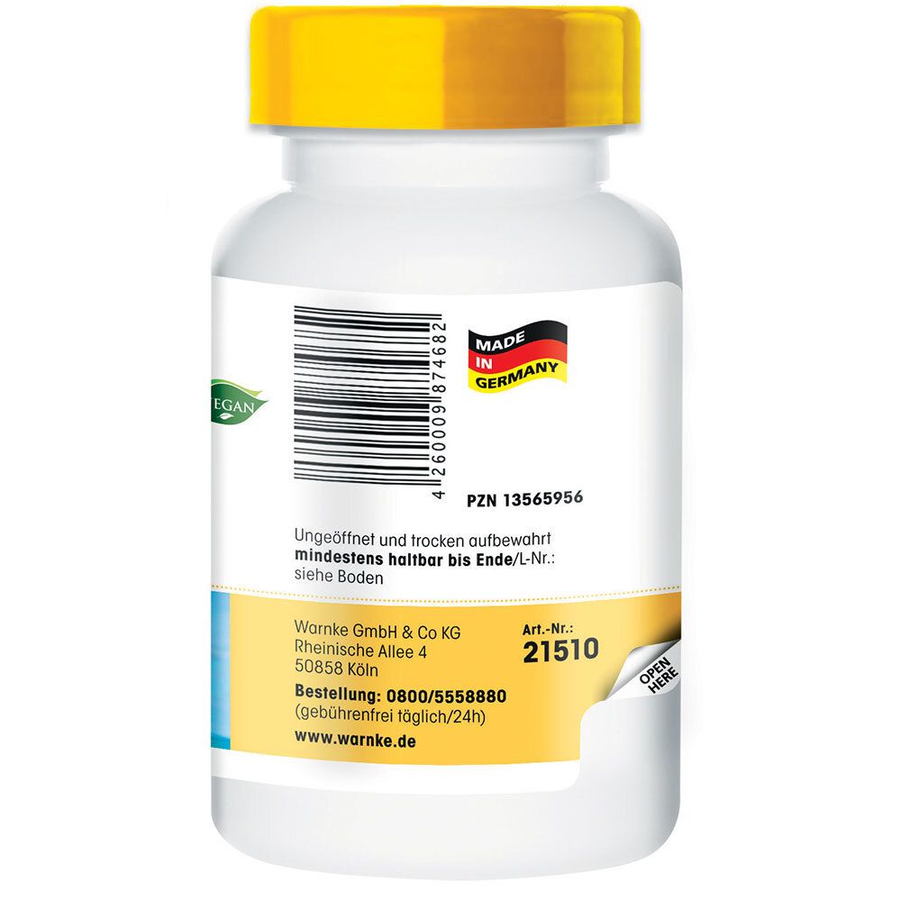 Achterkant van de witte fles met gele dop. Barcode. Opschrift: Made in Germany. Warnke GmbH & Co KG. PZN 13565956.