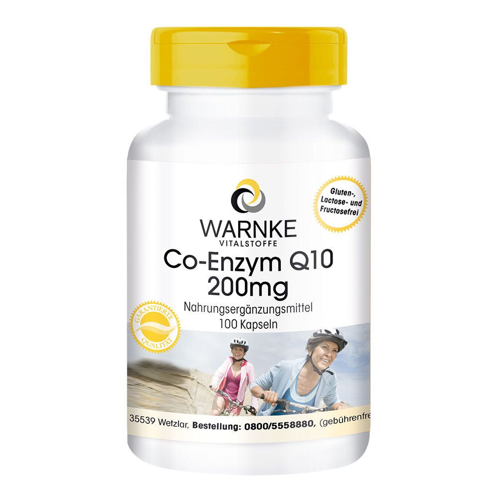 Witte fles met gele dop. Opschrift: WARNKE VITALSTOFFE Co-Enzym Q10 200mg. 100 capsules. Gluten-, lactose- en fructosevrij.
