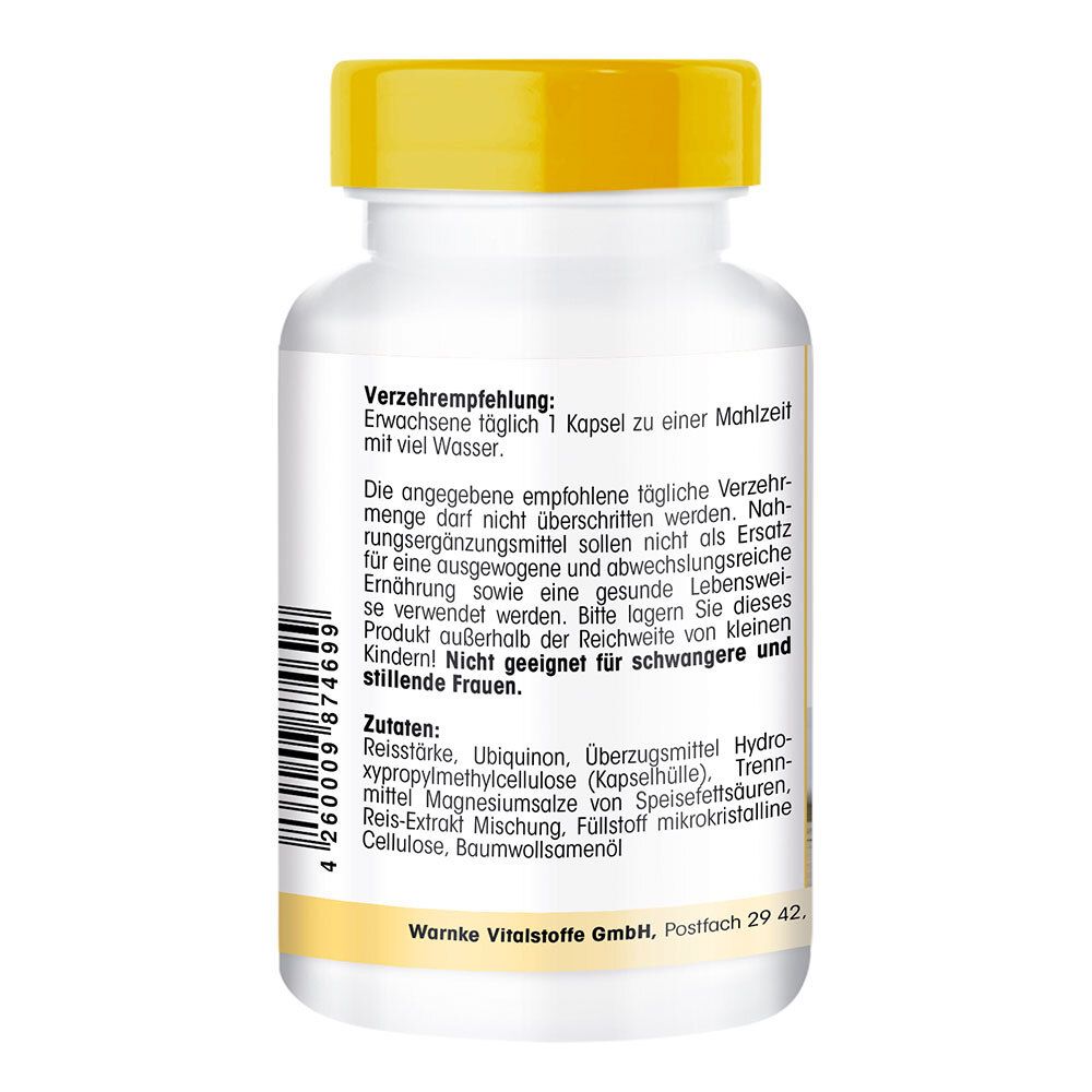 Achterkant van een witte fles met gele dop. Tekst: Gebruiksaanwijzing, ingrediënten, Warnke Vitalstoffe GmbH.