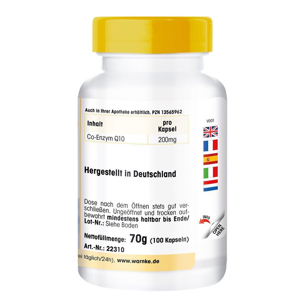 Achterkant van een witte fles met gele dop. Tekst: Co-Enzym Q10 200mg, gemaakt in Duitsland, 70g (100 capsules).