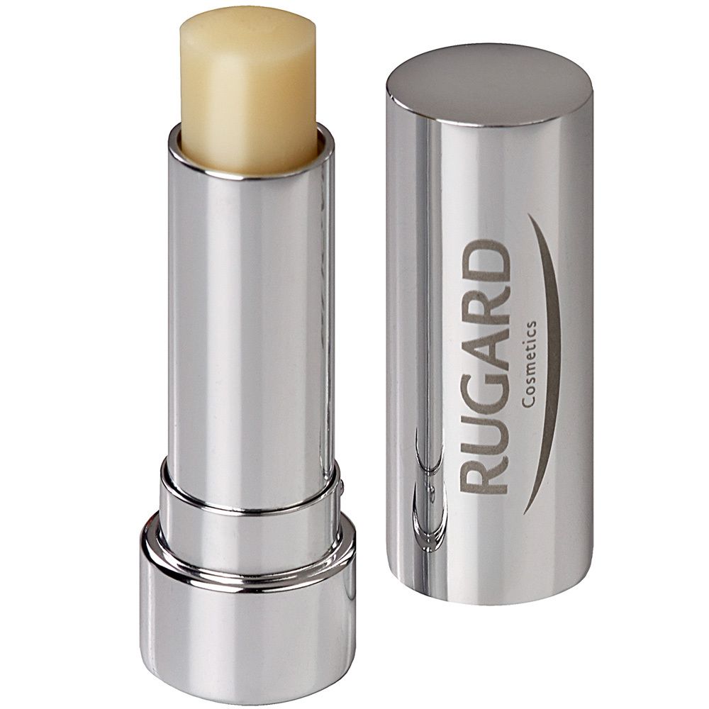 Lipverzorgingsstick met zilverkleurige huls en open deksel. De stick is lichtgeel en draagt het opschrift RUGARD Cosmetics.