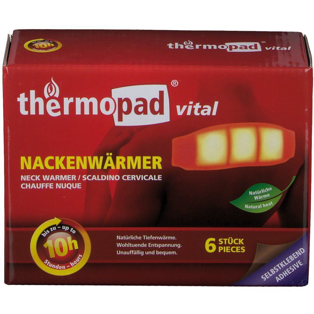 Verpakking van thermopad® vital Nackenwärmer. Rode doos met productafbeelding en tekst. Bevat 6 stuks. Tot 10 uur warmte.