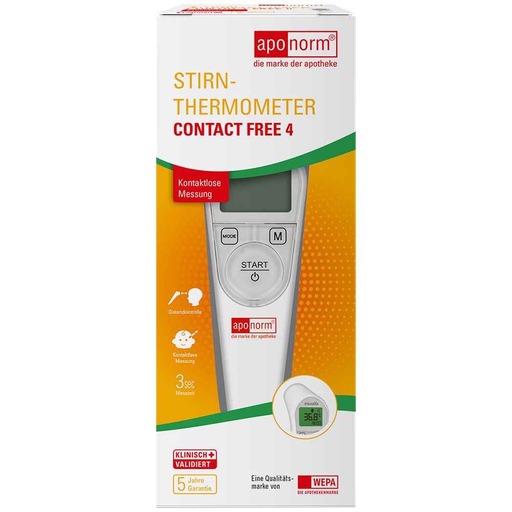 Emballage de thermomètre auriculaire avec appareil blanc et fond orange-jaune.