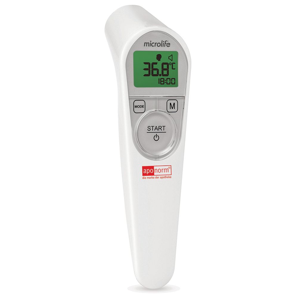 Thermomètre digital Microlife avec écran et bouton de démarrage.