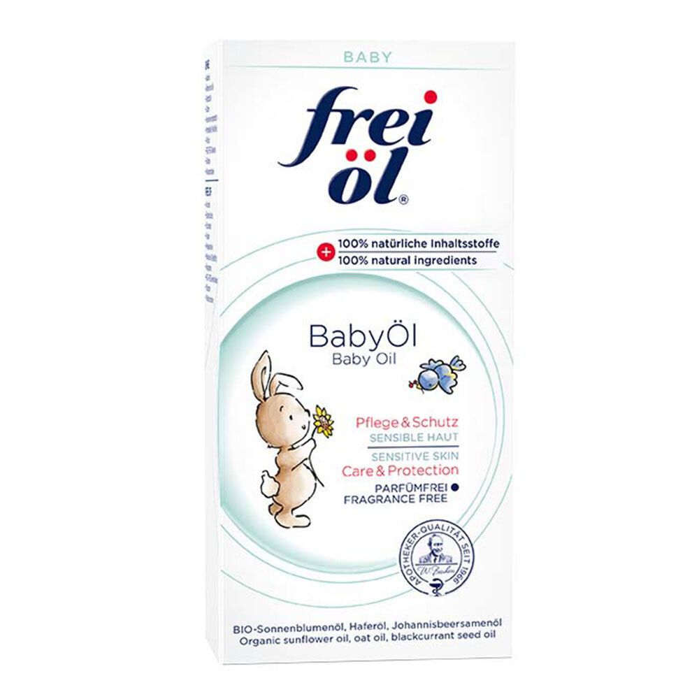 Emballage frei Öl® Baby Öl. Inscription: Baby Öl, lapin, 100% ingrédients naturels, sans parfum.