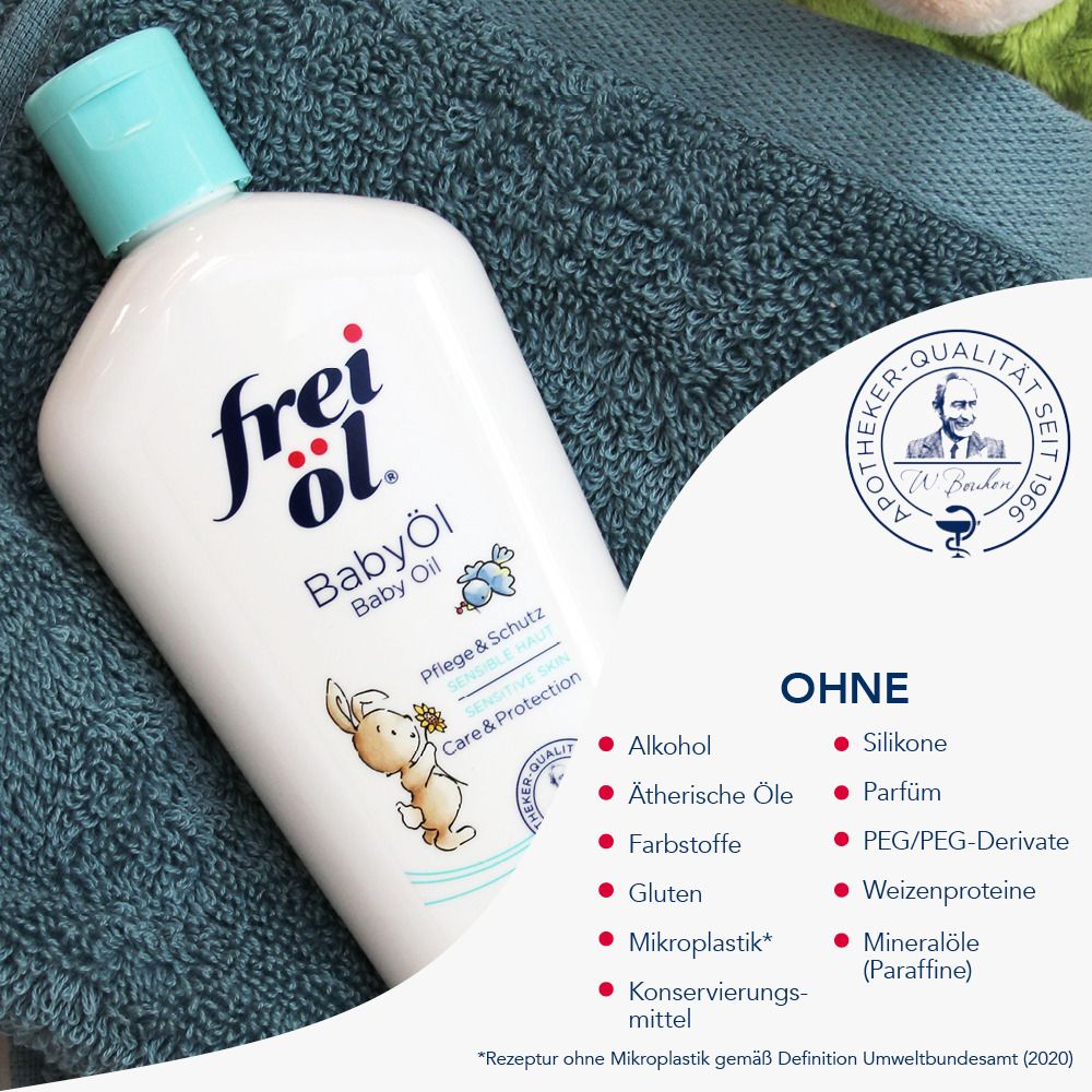 Flacon frei Öl® Baby Öl. Inscription: Baby Öl, ingrédients. Sans: alcool, silicones, parfum.