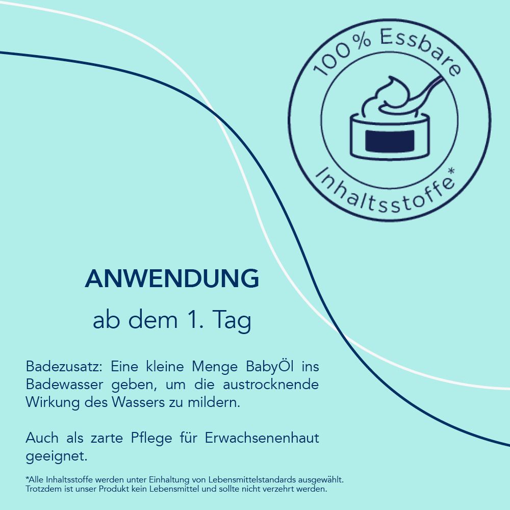 Texte avec instructions d'utilisation pour frei Öl® Baby Öl. Aussi comme bain. Ingrédients 100% comestibles.