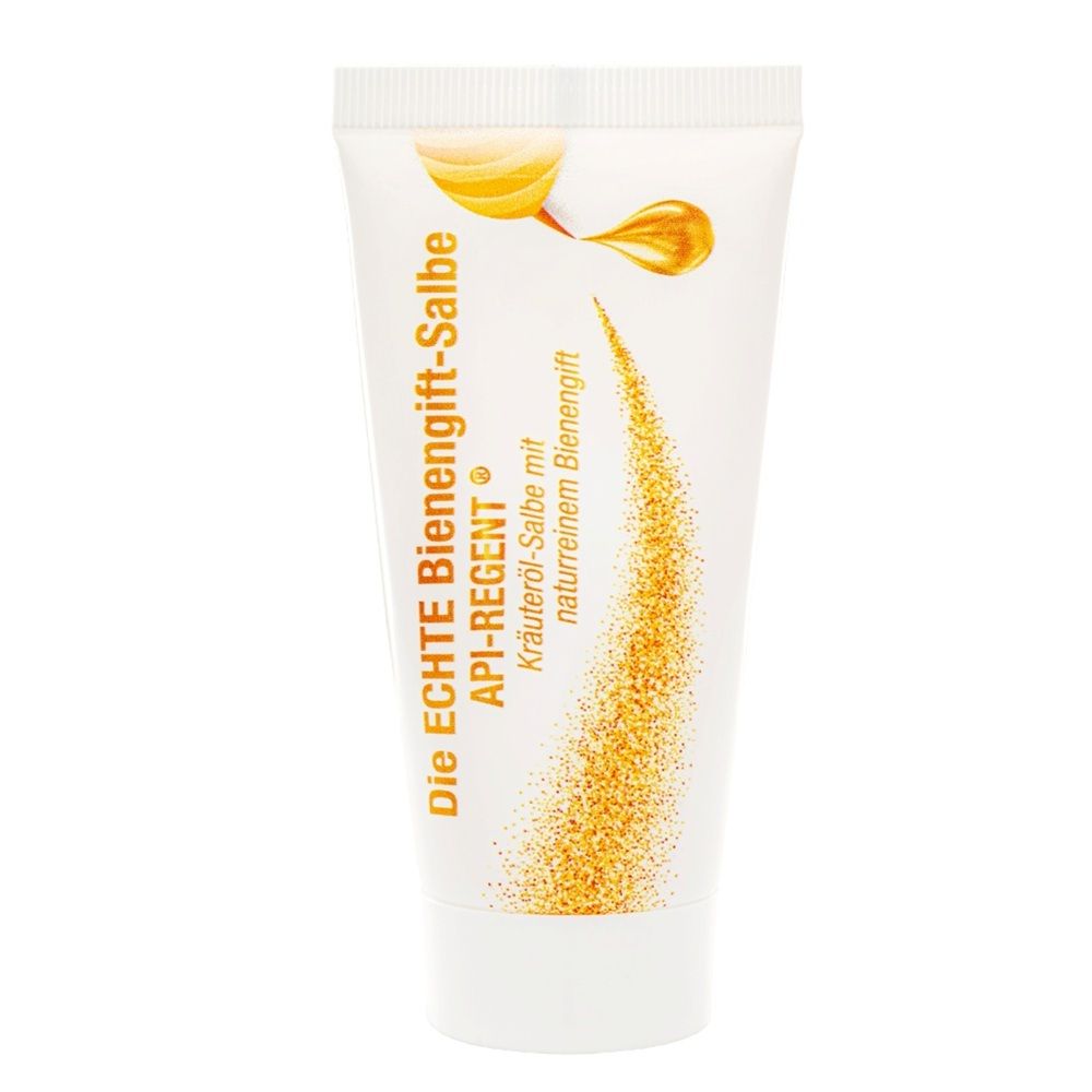 Tube met API-REGENT bijengifzalf, met gouden korrelverloop en honinglepelsymbool.