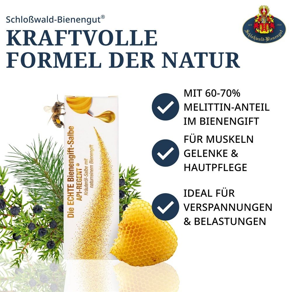 Verpakking en tube API-REGENT bijengifzalf, met bijenmotief, honingraat en tekst over ingrediënten en gebruik.