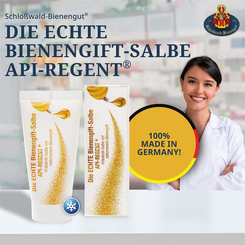 Tube en vouwdoos API-REGENT bijengifzalf, naast een lachende vrouw in doktersjas, "100% MADE IN GERMANY".