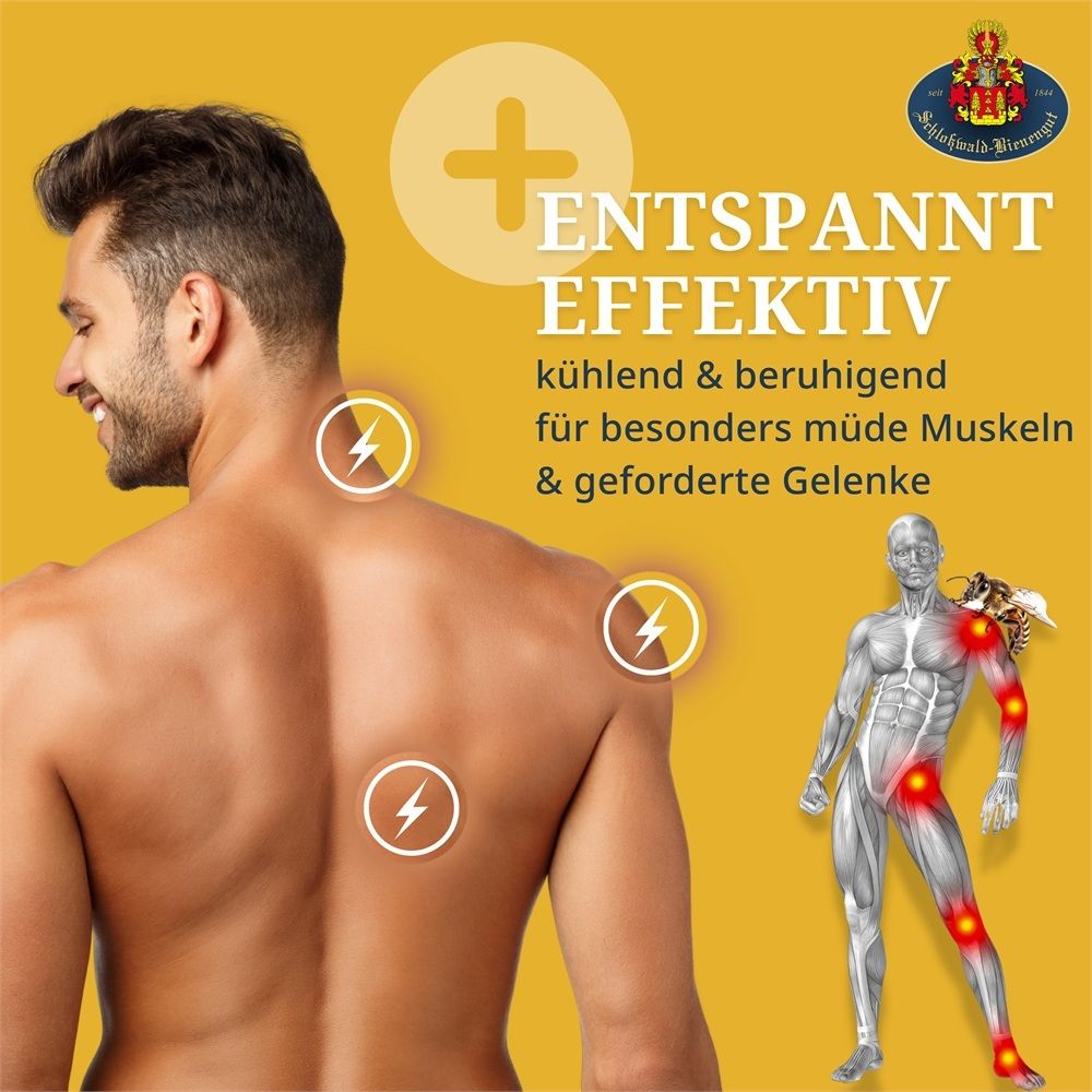 Man van achteren gezien, met bliksemschichtsymbolen op schouders en gewrichten. Daarnaast anatomische lichaamsweergave.