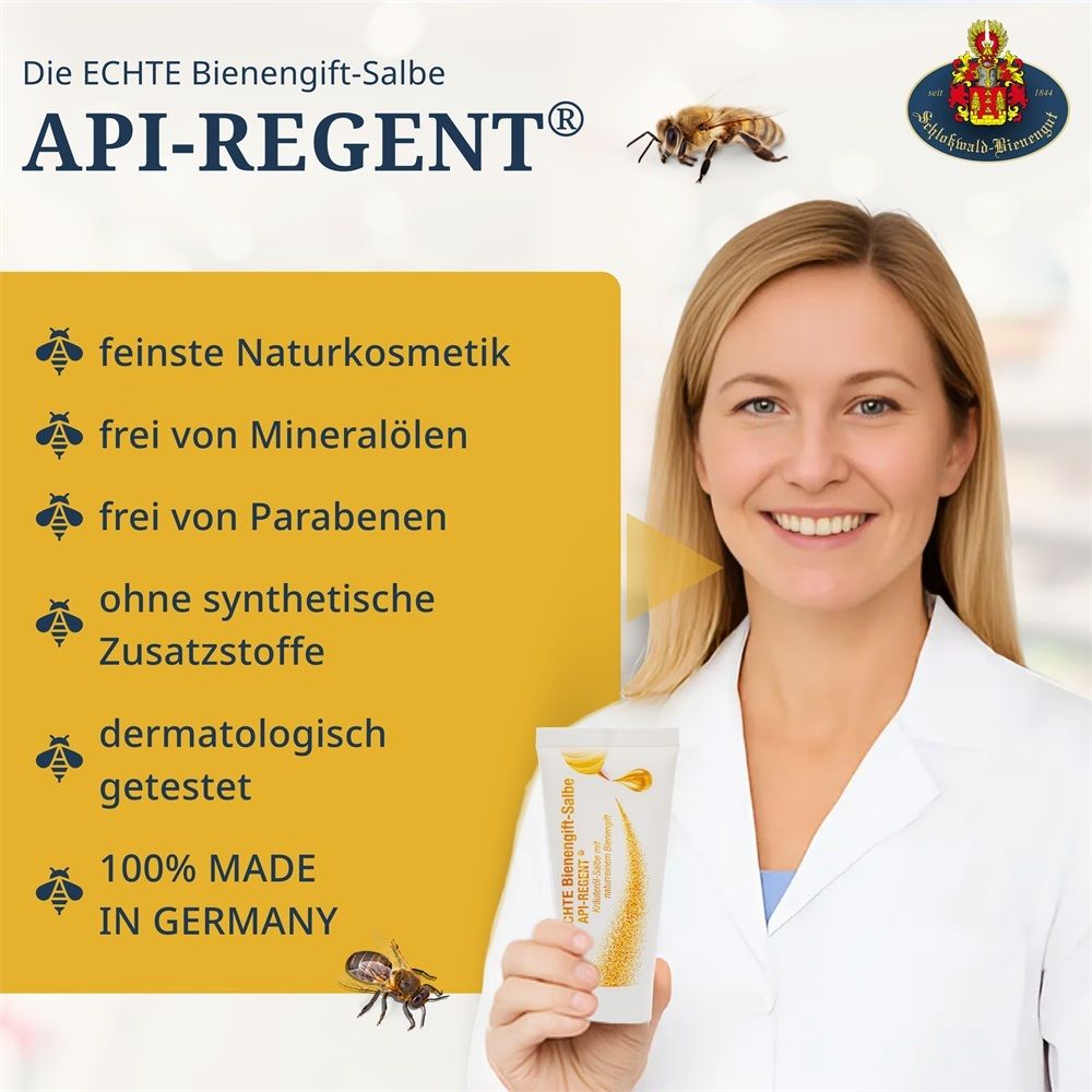 Vrouw in doktersjas houdt een tube API-REGENT bijengifzalf vast. Gele box met opsommingstekens over ingrediënten en kwaliteit.