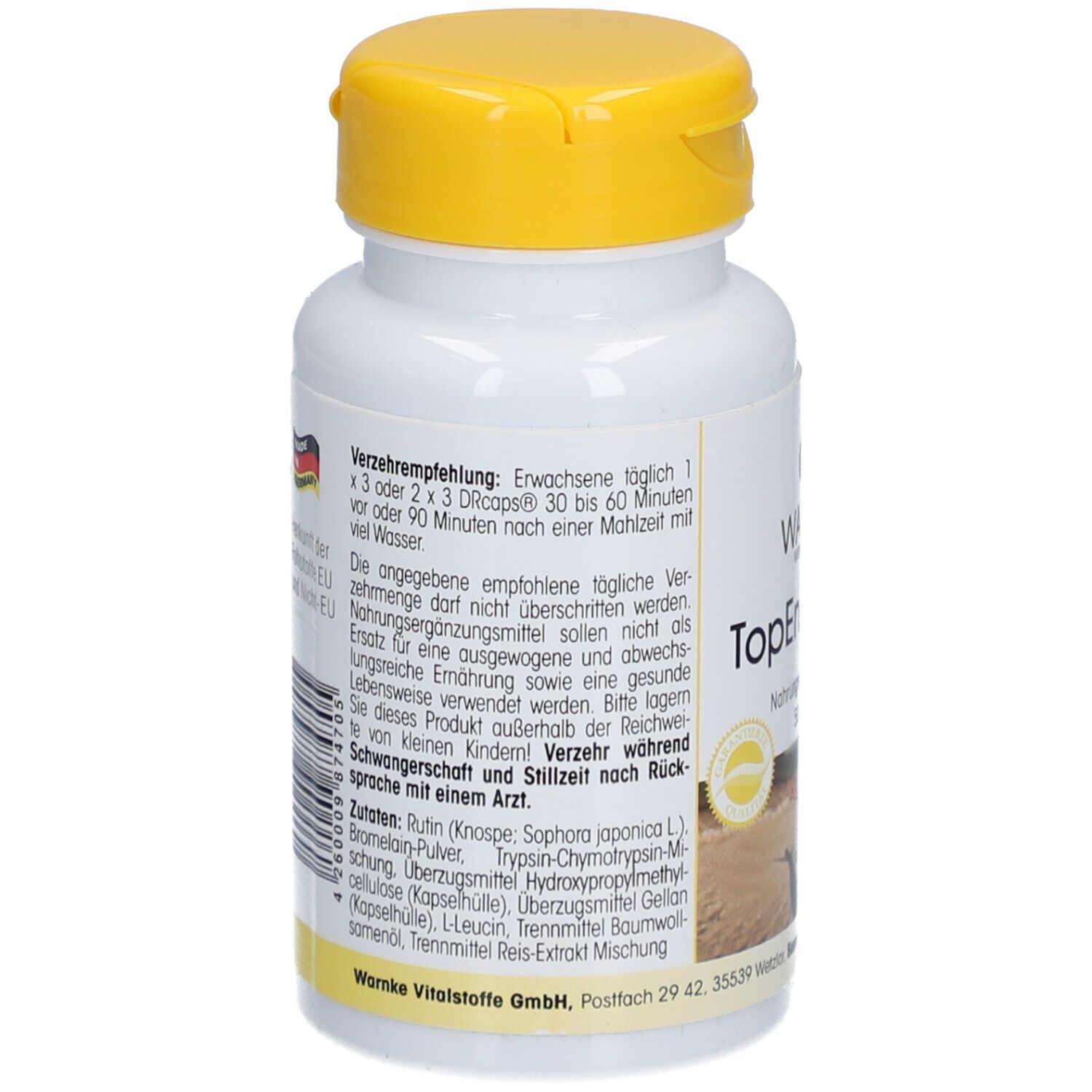 Achterkant van de witte fles met gele dop. Tekst over aanbevolen gebruik en ingrediënten.