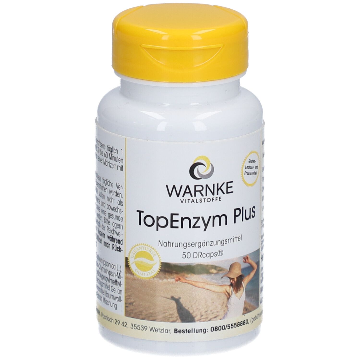 Witte fles met gele dop. Opschrift: Warnke TopEnzym Plus. Voedingssupplement. 50 DRcaps.