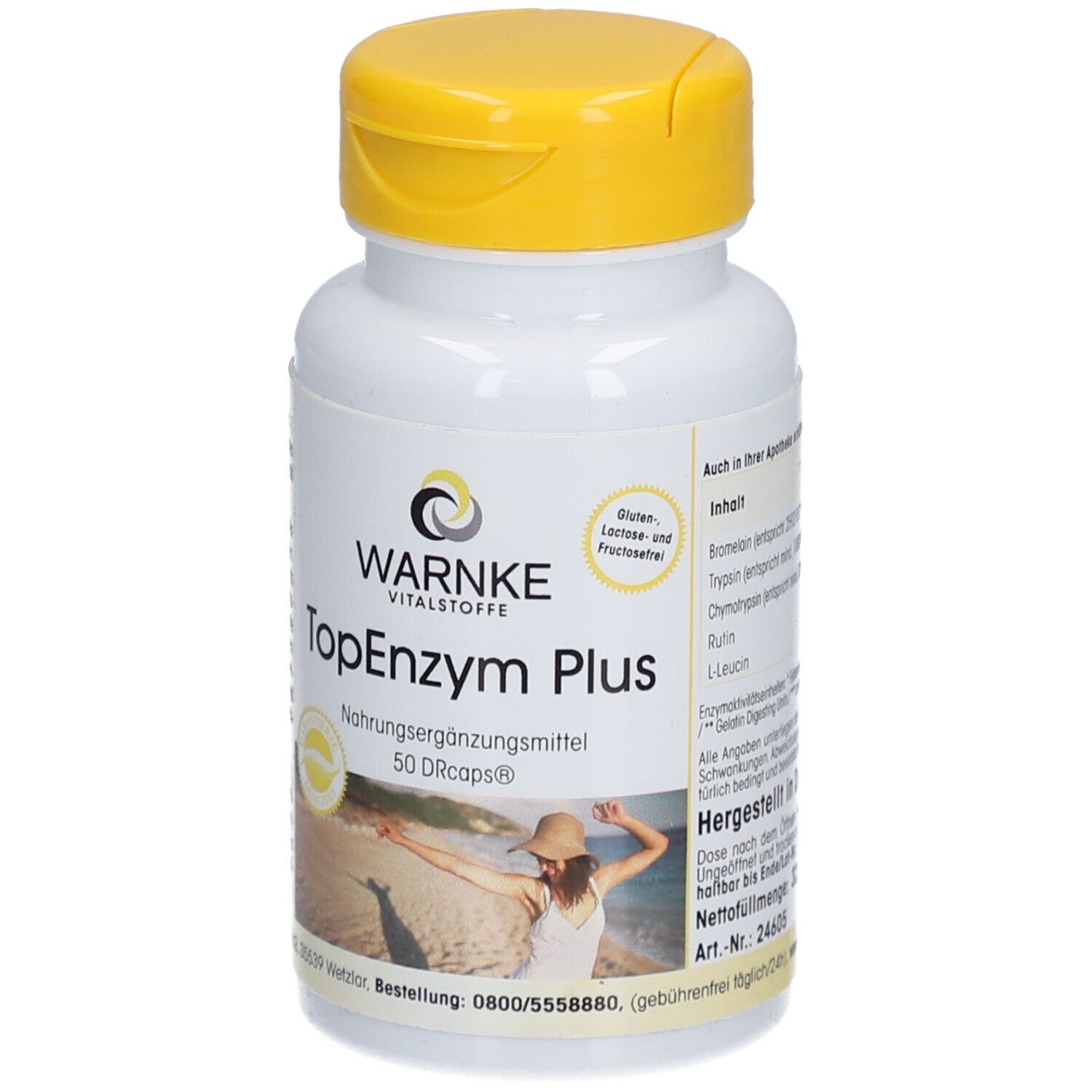 Witte fles met gele dop. Opschrift: Warnke TopEnzym Plus. Voedingssupplement. 50 DRcaps. Glutenvrij, lactosevrij en fructosevrij.