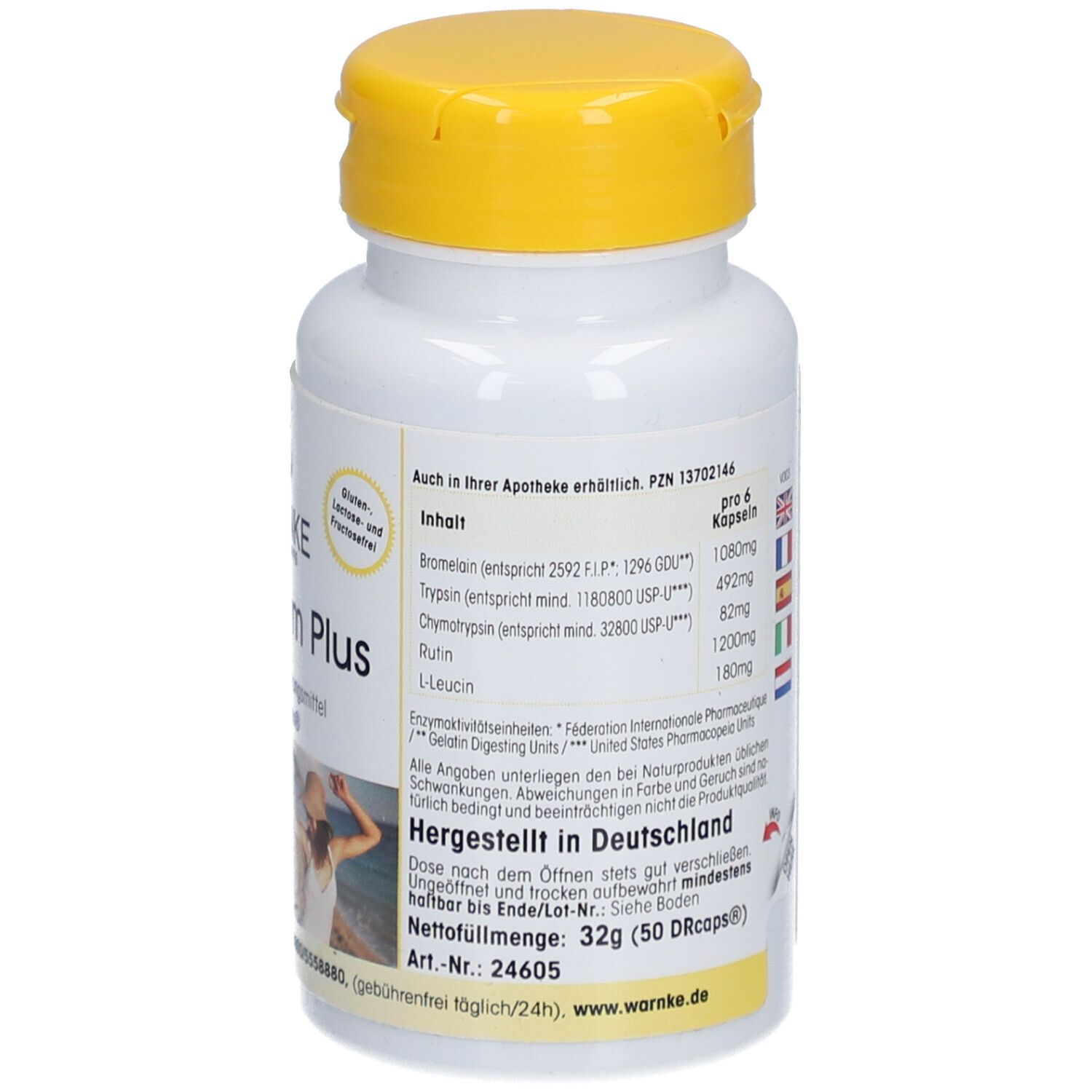 Witte fles met gele dop. Opschrift: Warnke TopEnzym Plus. Voedingssupplement. 50 DRcaps. Gemaakt in Duitsland.