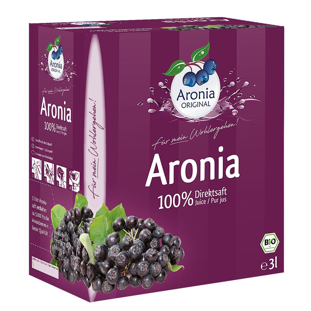 Aronia ORIGINAL Aronia Puur Sap 3L Box met aroniabessen en bio-keurmerk.