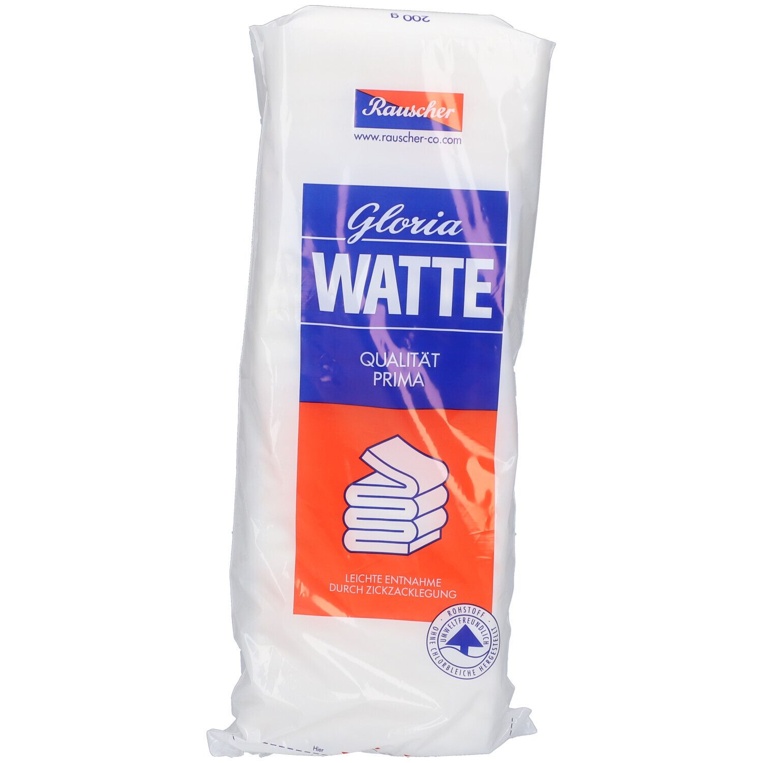 Verpakking met Gloria Watte. Wit product in transparante folie. Blauwe en oranje etiketten met productnaam en logo.