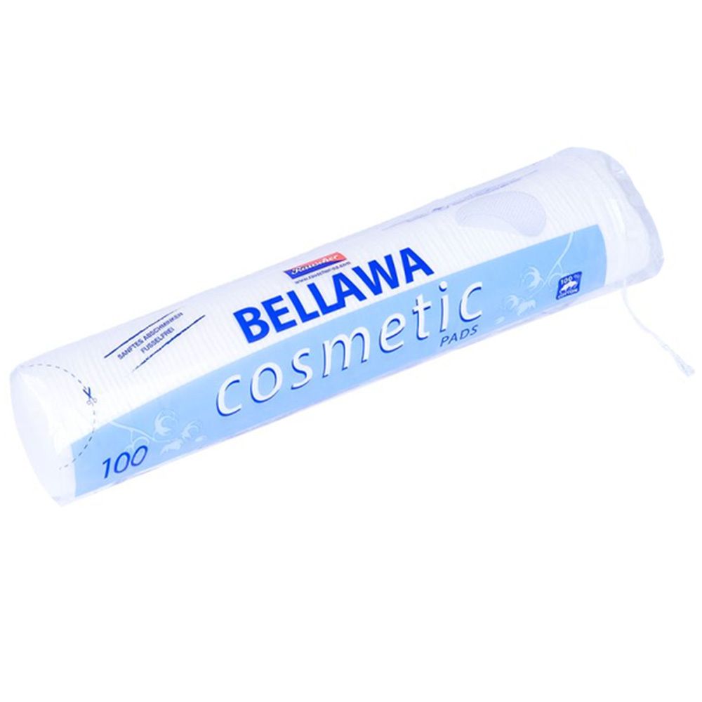 BELLAWA Cosmetic Pads in transparante verpakking. Rol met 100 pads. Blauw en witte verpakking met productnaam.