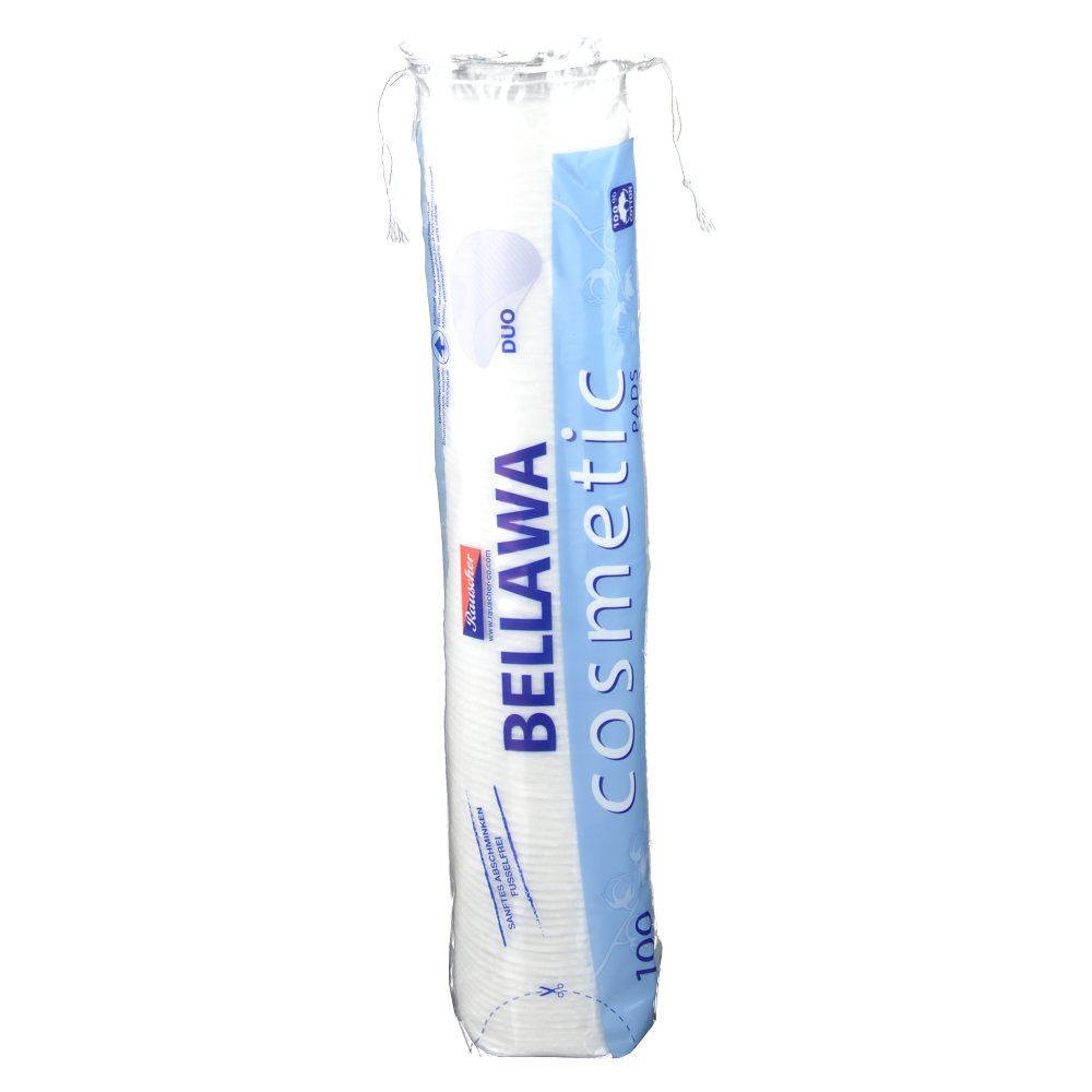 BELLAWA Cosmetic Pads in transparante zakverpakking. Zak met 100 pads. Blauw en witte verpakking met productnaam.