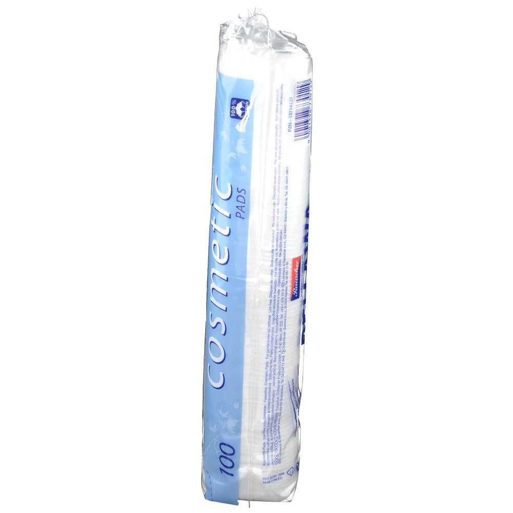 BELLAWA Cosmetic Pads in transparante verpakking. Zijaanzicht. Blauw en witte verpakking met productnaam en 100 pads.