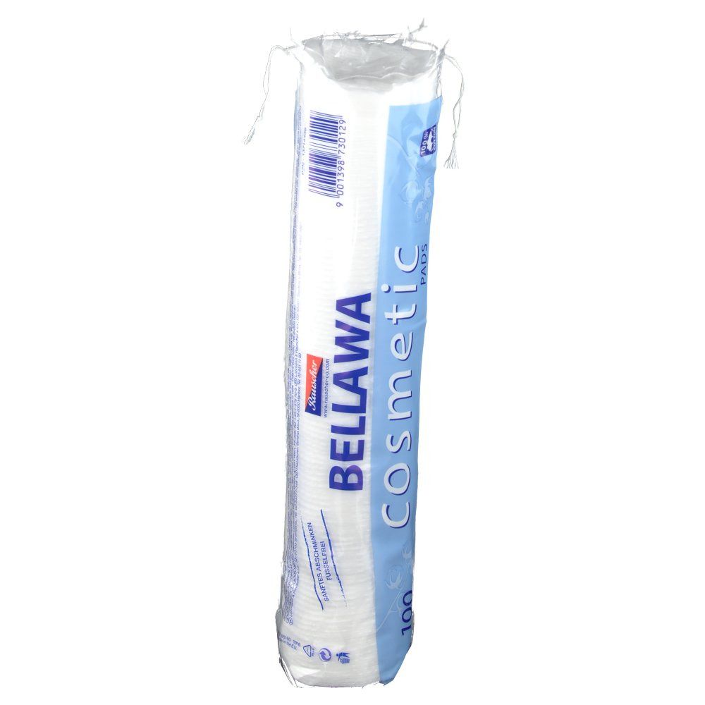 BELLAWA Cosmetic Pads in transparante zakverpakking. Zak met 100 pads. Blauw en witte verpakking met productnaam.